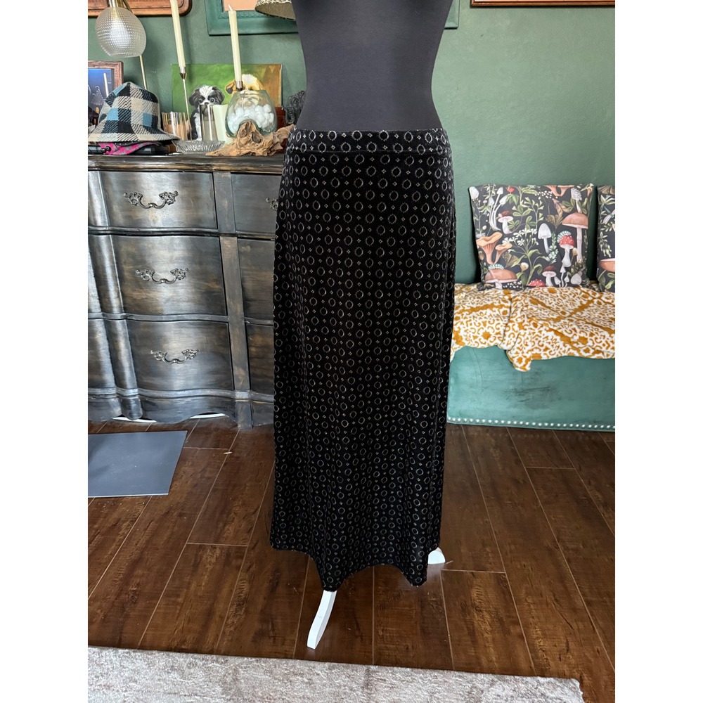 California Influence Vintage‎ Black Velvet Metallic Silver Maxi Skirt Medium USA